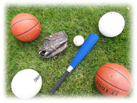 Sports balls, mitt, and bat in the grass