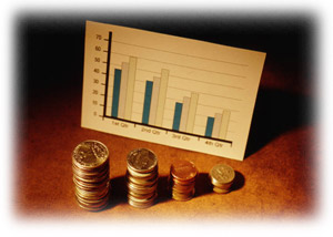 Bar chart with 4 sets of 3 vertical bars on the chart and 4 stacks of coins in front of the chart