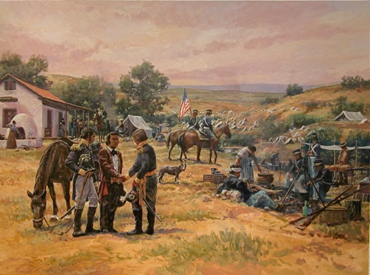 Sketch of a war going on with men in uniforms and riding horses